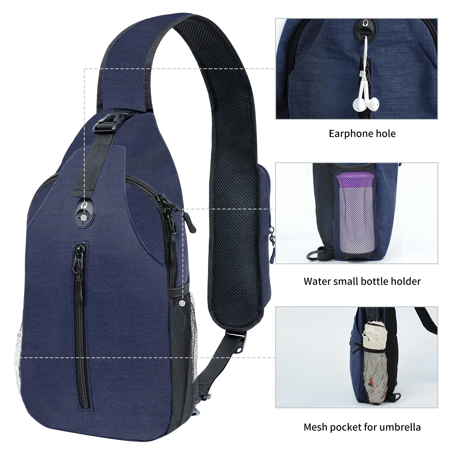 angel wish Sling-Bag Crossbody-Bag Women-Men Backpack-Daypack - Hiking Chest Travel with Water Bottle Pocket Navy Blue