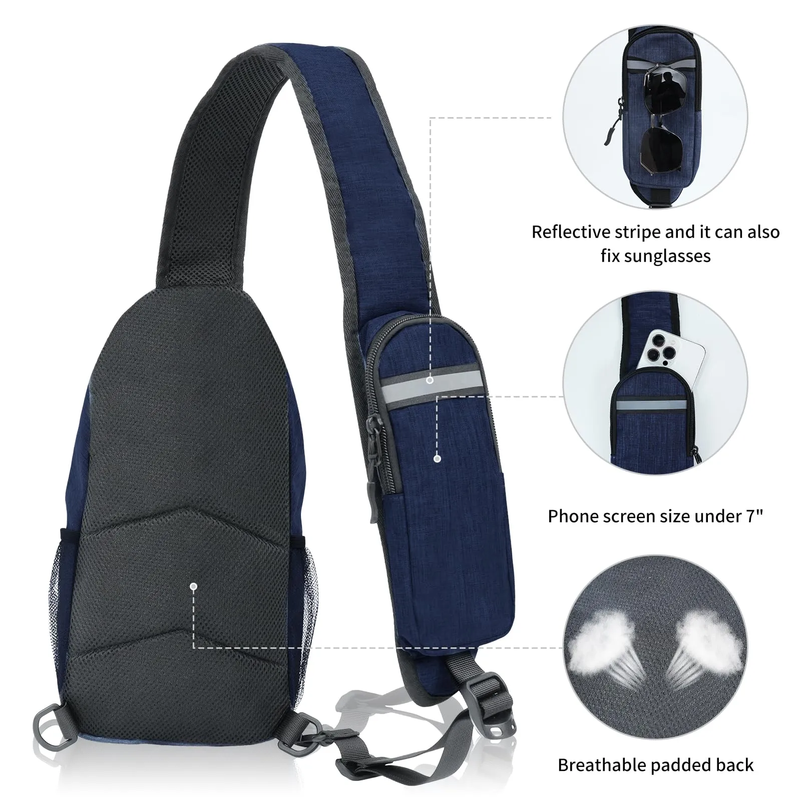 angel wish Sling-Bag Crossbody-Bag Women-Men Backpack-Daypack - Hiking Chest Travel with Water Bottle Pocket Navy Blue