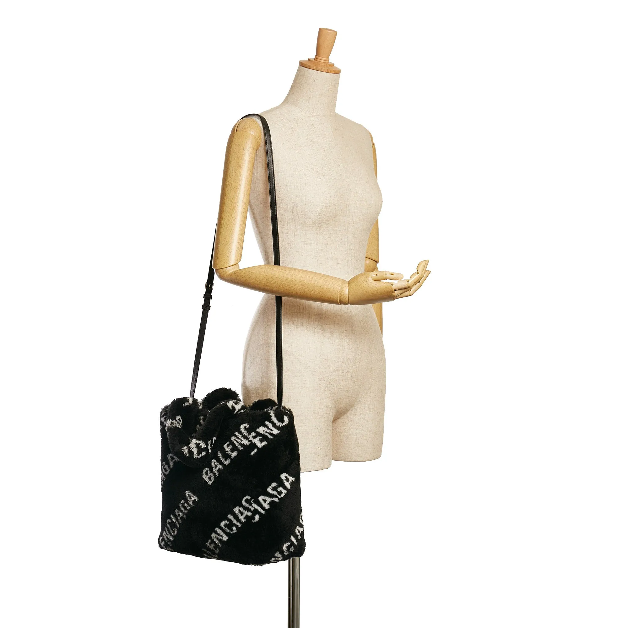 Black Balenciaga Logo Faux Fur Everyday XS Tote Bag