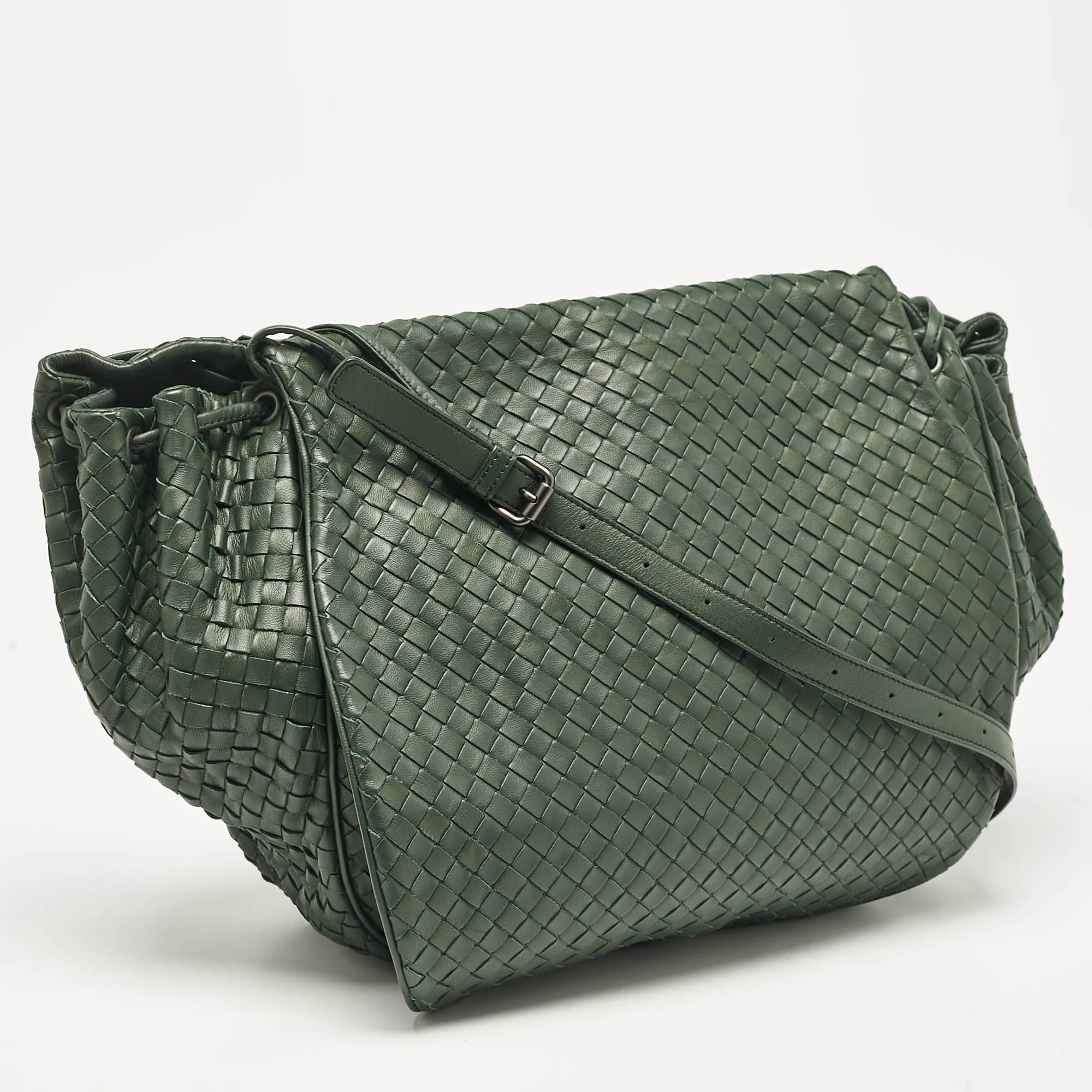 Bottega Veneta Green Intrecciato Leather Flap Messenger Bag