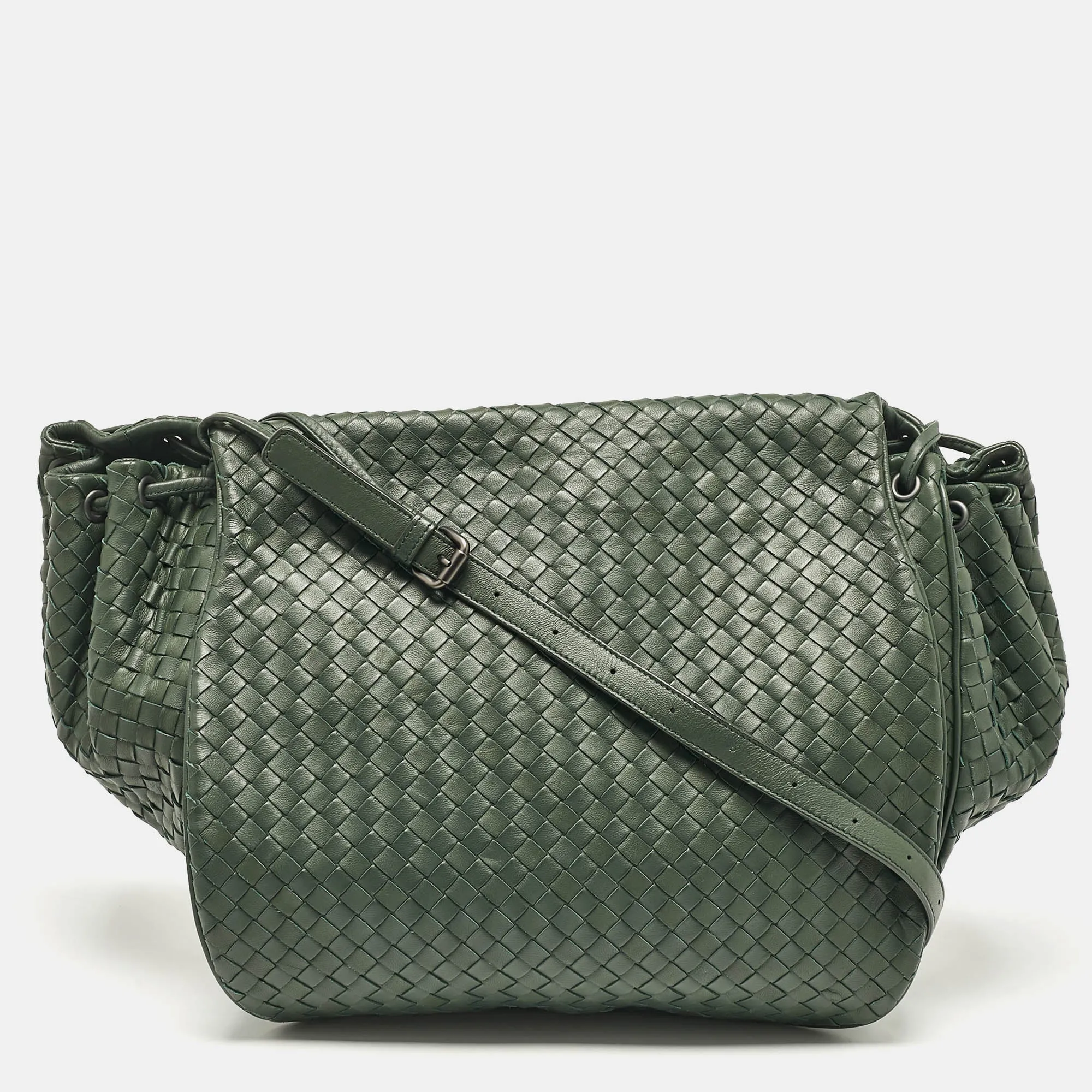 Bottega Veneta Green Intrecciato Leather Flap Messenger Bag
