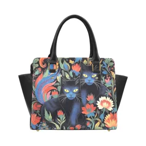 Cat Purse Handbag, Cute Black Animal Print High Grade Vegan Leather Designer Women Girl Satchel Top Handle Bag Shoulder Strap Zip Ladies
