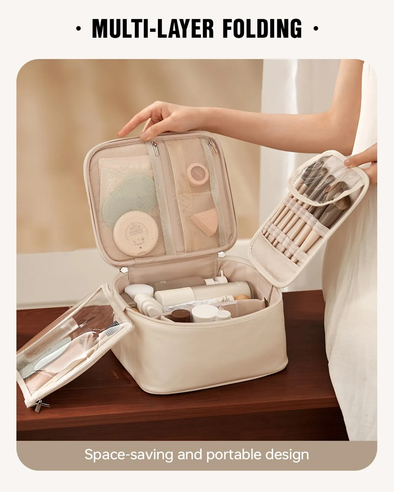 EACHY Travel Makeup Bag, Large Capacity Makeup Case, Travel Toiletry Bag for Women With Makeup Brush Organizer