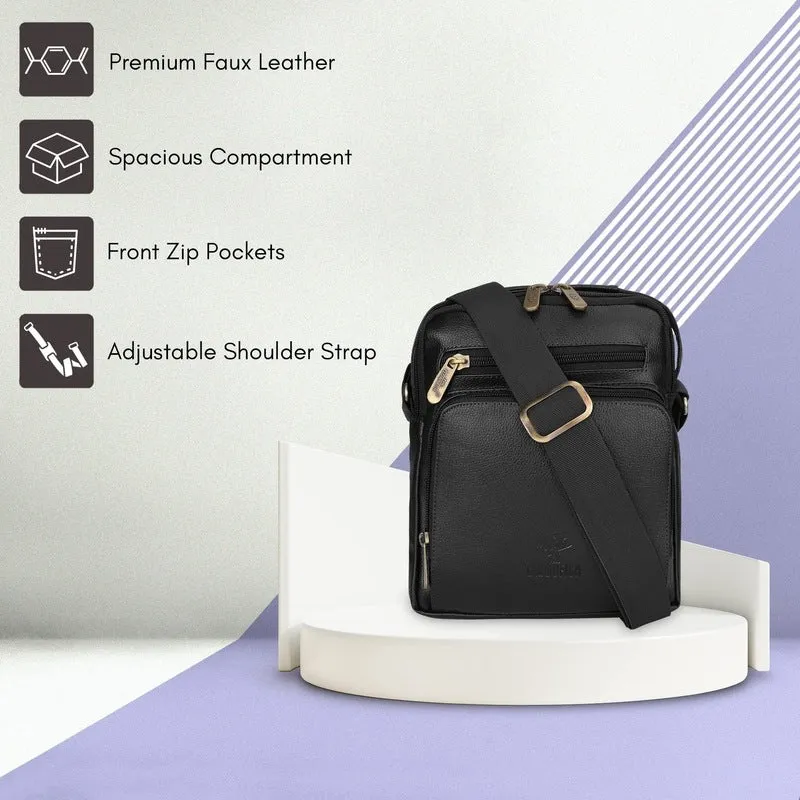 Faux Leather Messenger Sling Bag | Adjustable Strap | 2.6L | Black