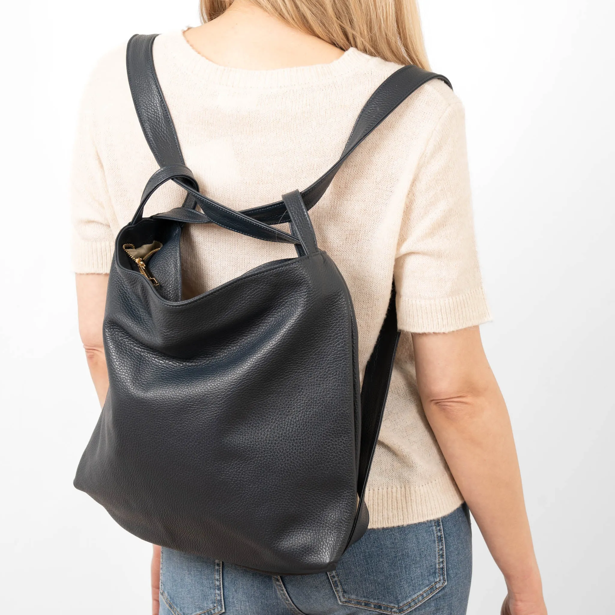 Giovanna Italian Leather 2 In 1 Backpack Tote Bag - Navy Blue, Pebbled