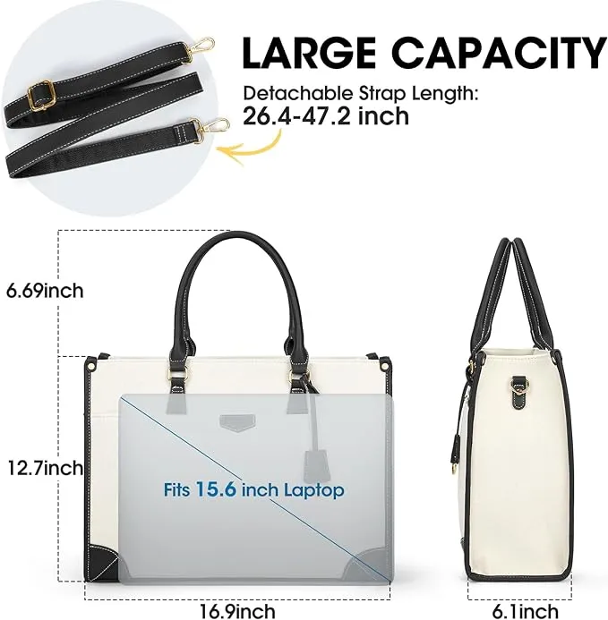 IGOLUMON Laptop Bags for Women 15.6 Inch Large Laptop Tote Bag Ladies Canvas Handbag Computer Bag Water Resistant for Work School Business Office Casual Black