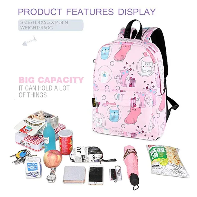 Kids Backpack Waterproof Pink Cartoon Cat School Backpack Book bag for Girls