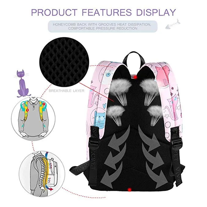Kids Backpack Waterproof Pink Cartoon Cat School Backpack Book bag for Girls