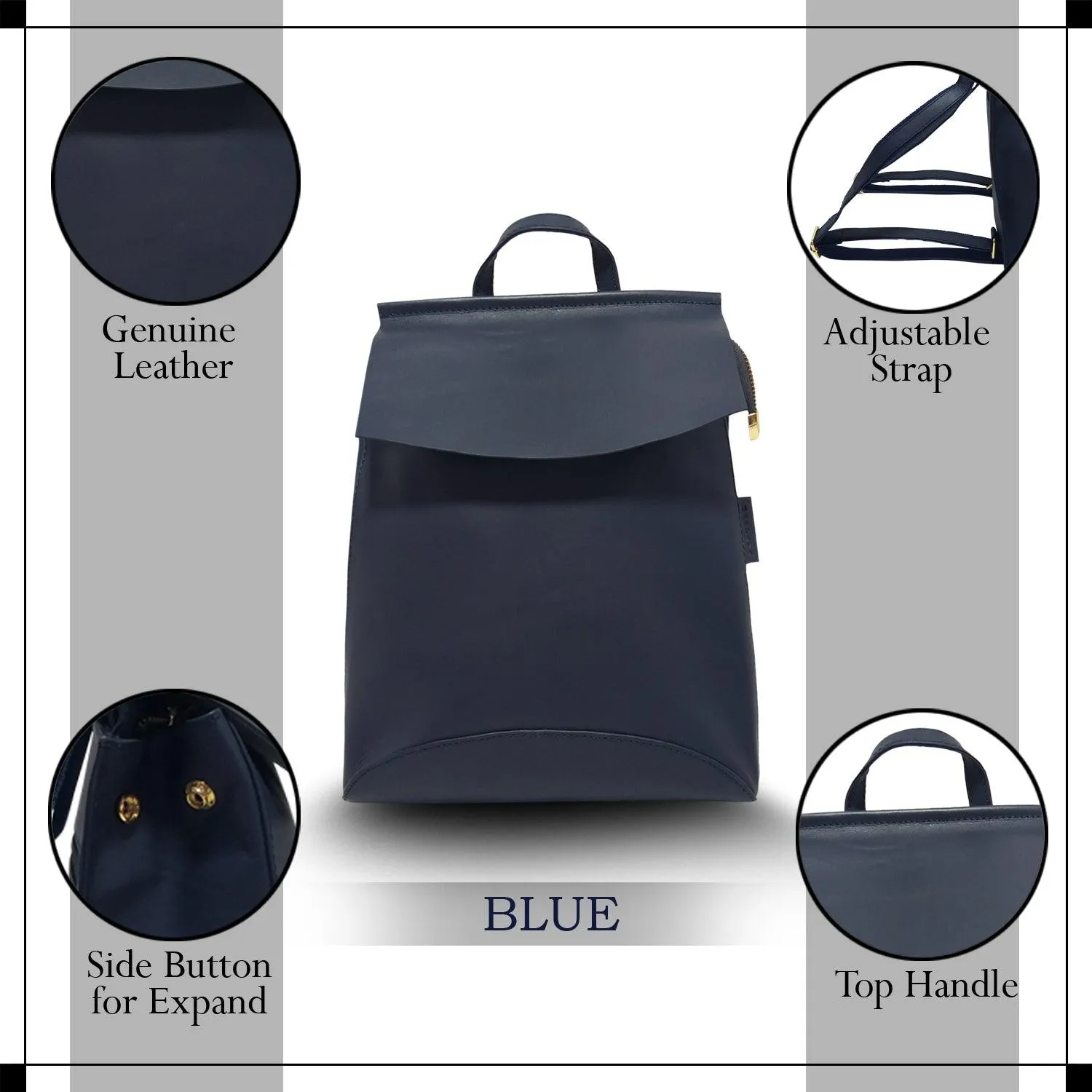 MANDAVA Genuine Leather Women's Casual Backpack Lightweight Travel Bag for Ladies with Adjustable Strap (Blue)