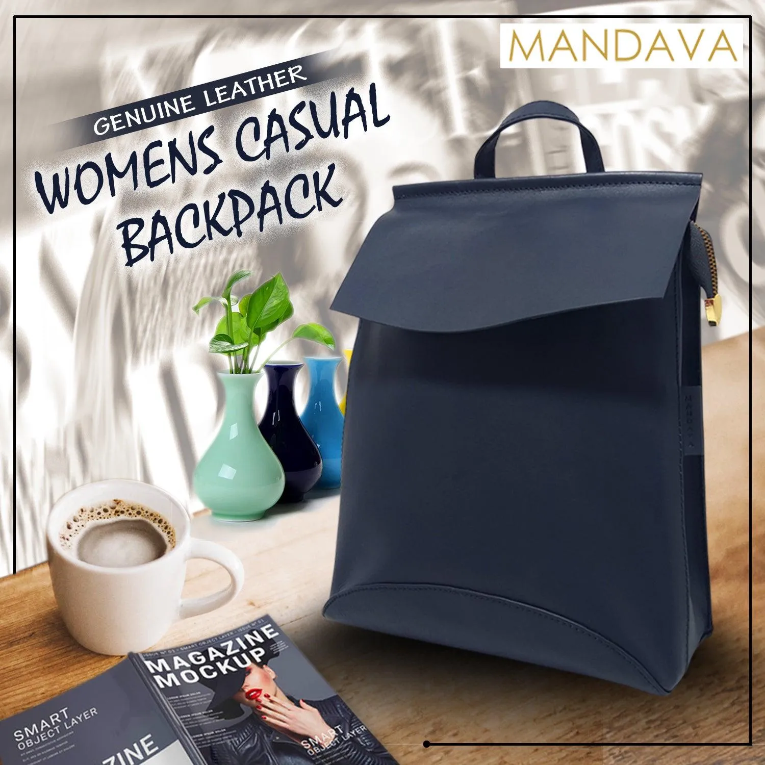 MANDAVA Genuine Leather Women's Casual Backpack Lightweight Travel Bag for Ladies with Adjustable Strap (Blue)