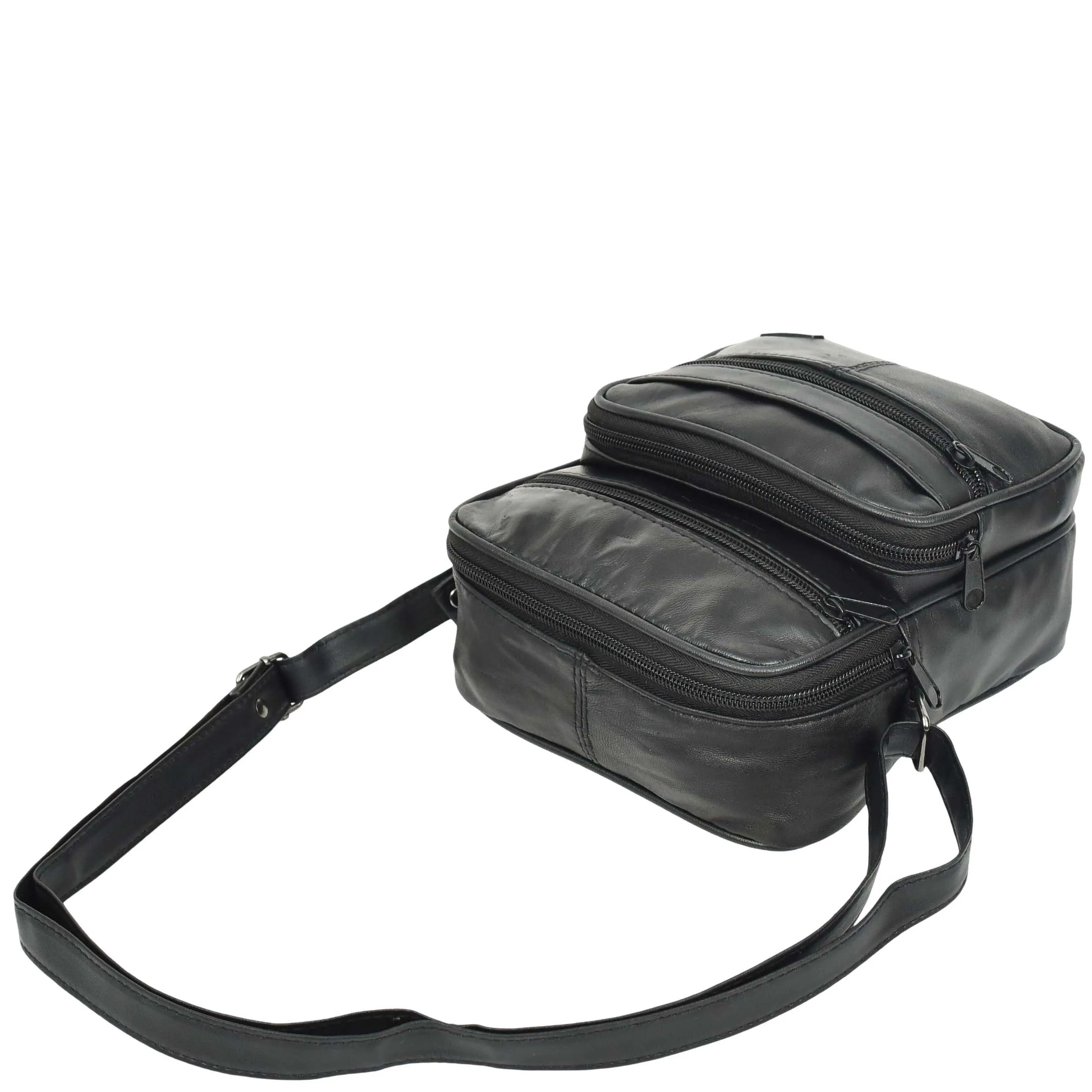 Mens Black Leather Flight Bag Cross Body Multi Pocket Messenger A145