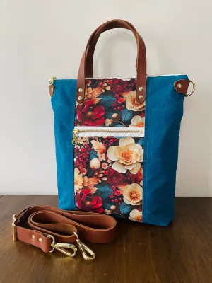 Waxed Canvas Crossbody Tote, Lagoon Blue