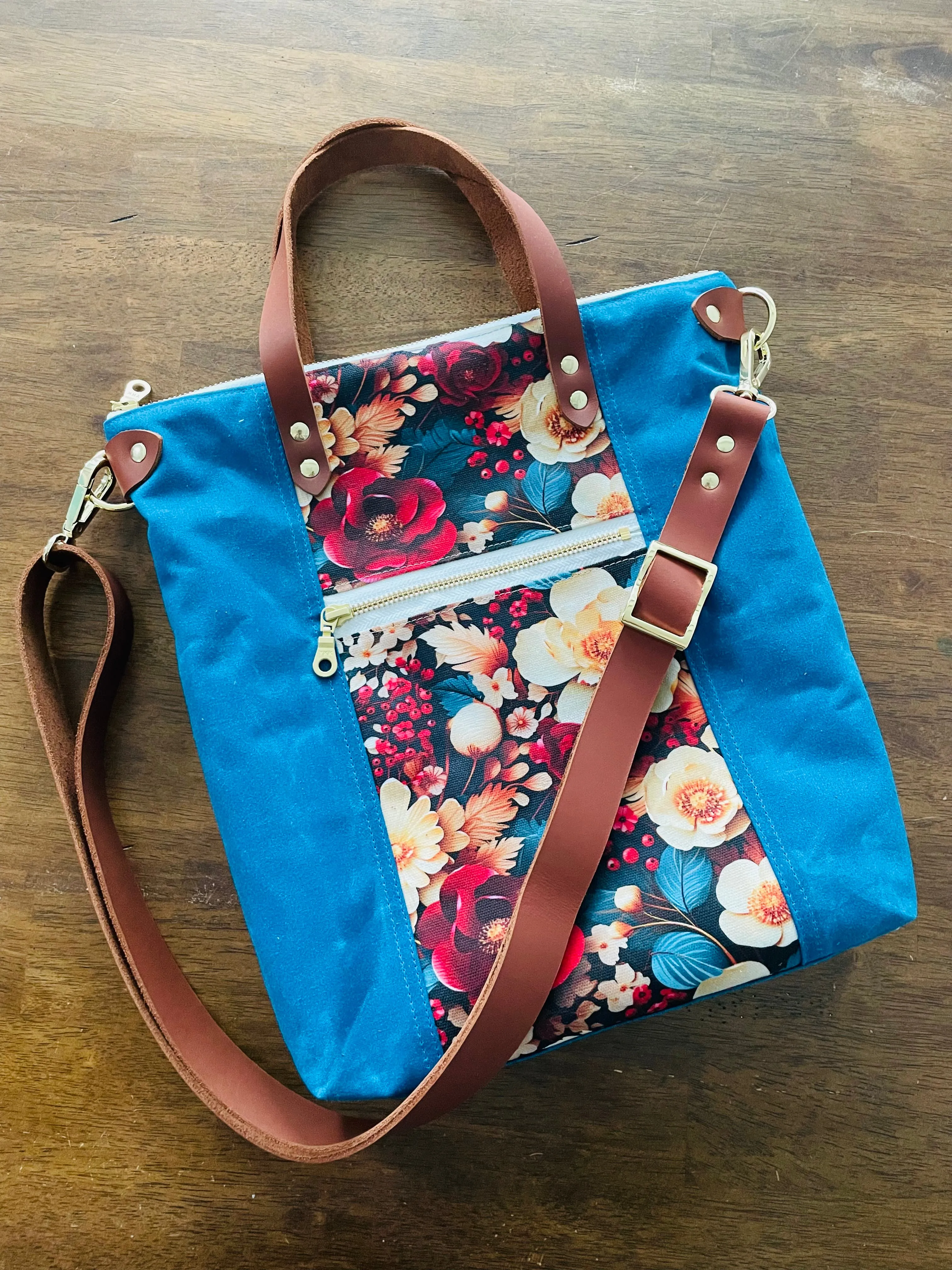 Waxed Canvas Crossbody Tote, Lagoon Blue