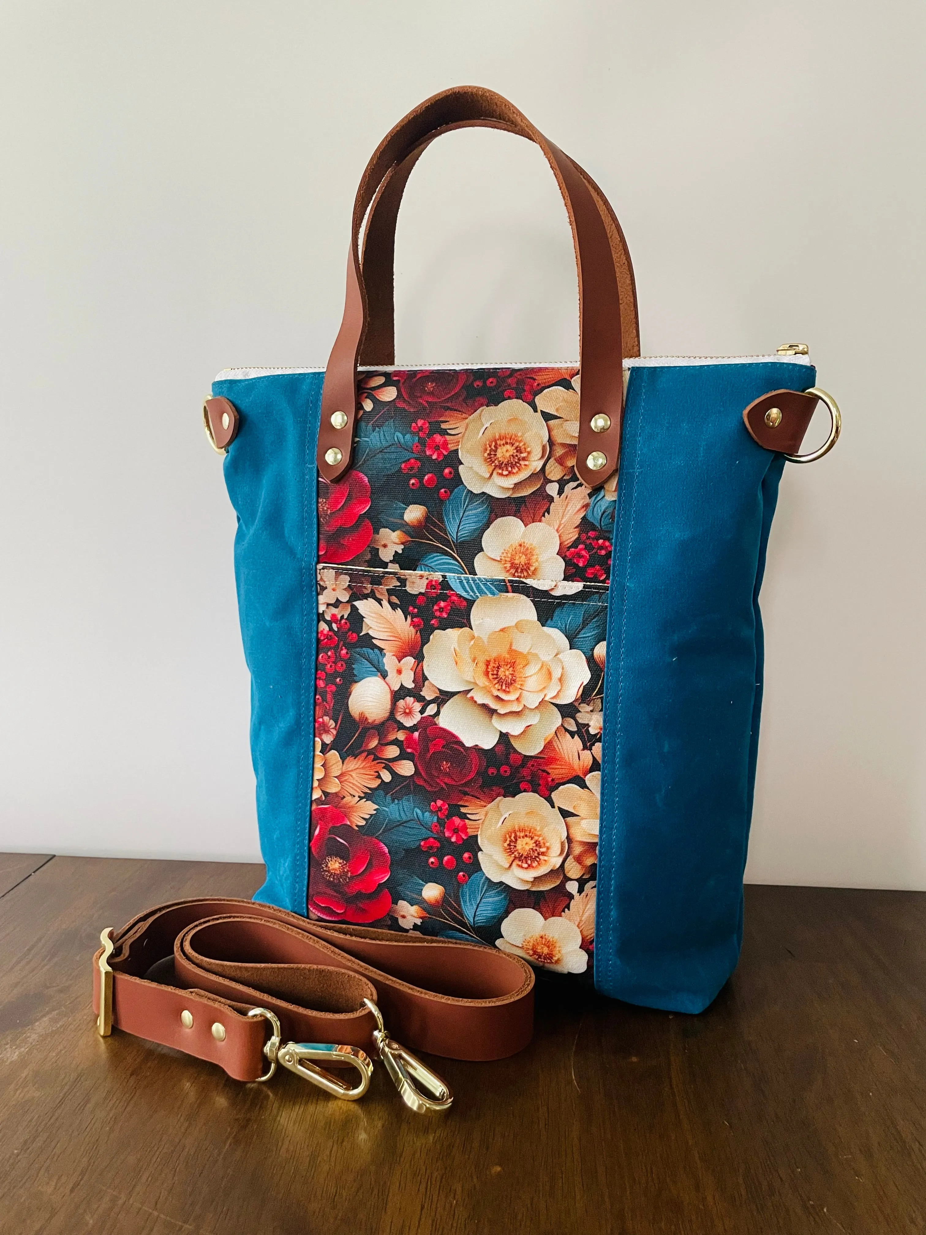 Waxed Canvas Crossbody Tote, Lagoon Blue